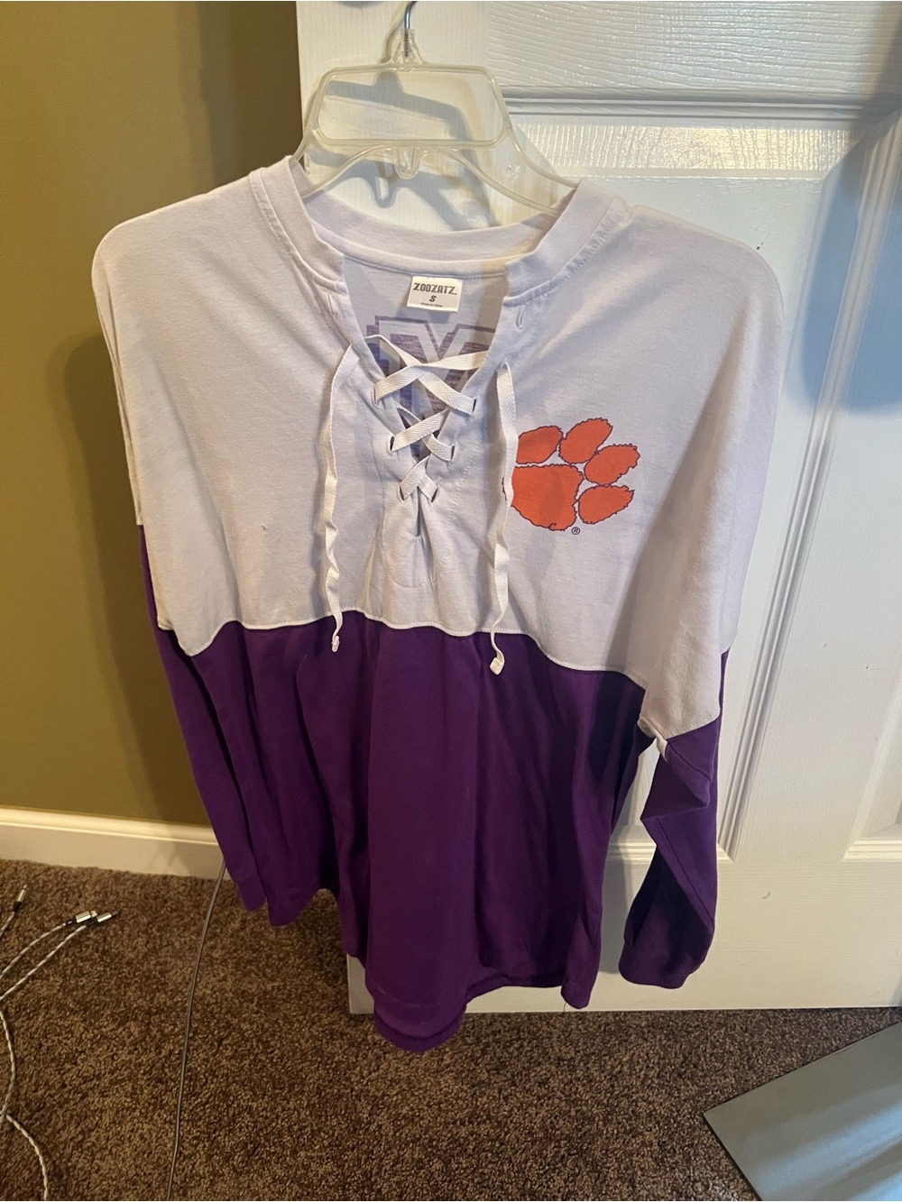 Kids Lace-Up Colorblock Long Sleeve Top - White & Purple with Orange Paw